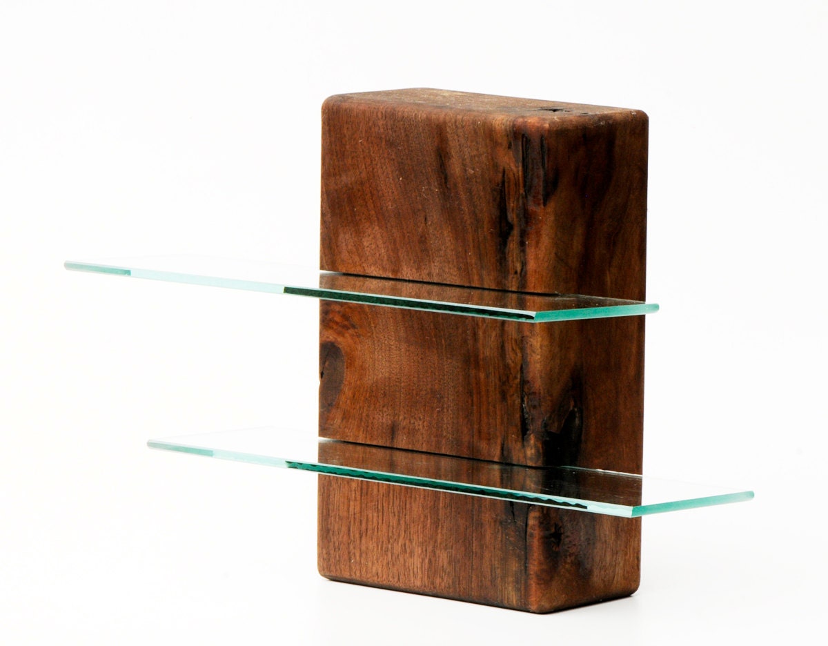 Walnut free standing shelving unit with two glass shelves