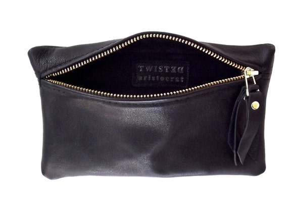Black Leather Pouch / Clutch /Cosmetic bag