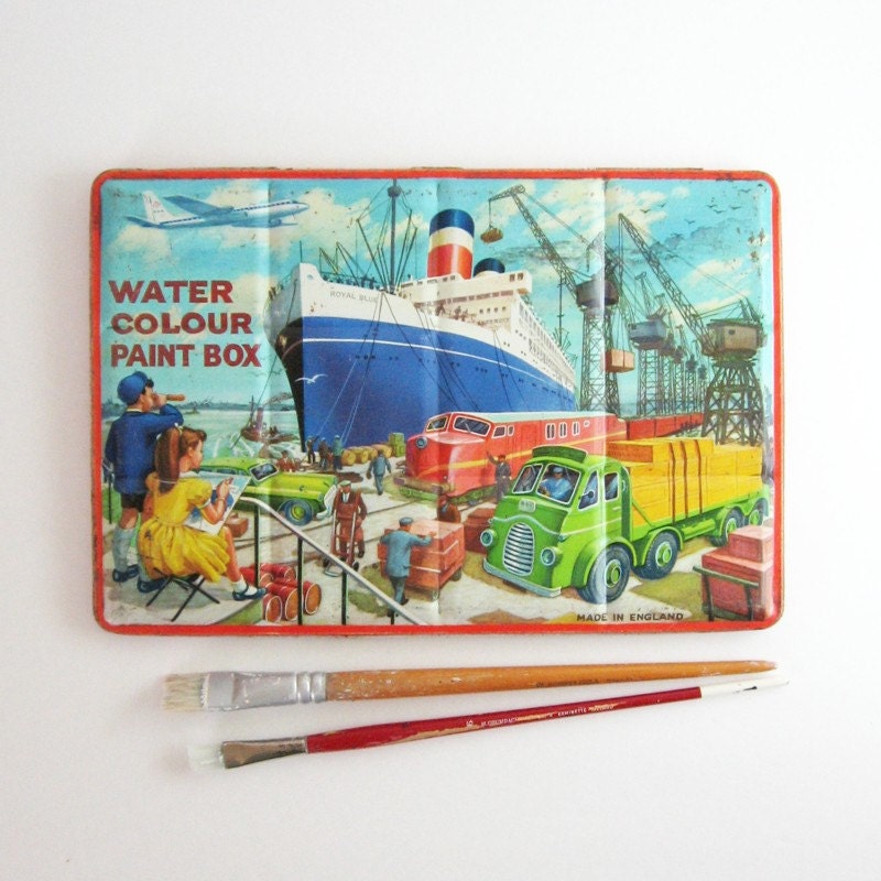 Vintage Watercolor Paint Box Large Tin Box Metal Storage