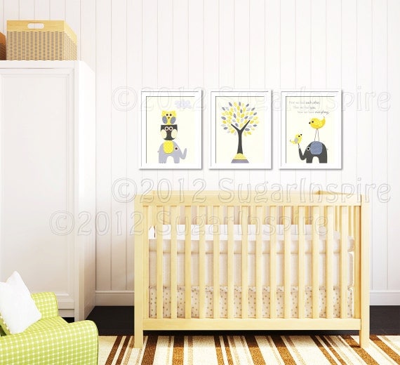 Yellow and grey Nursery Art Print 8x10Kids Room Decor Baby