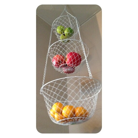 Vintage White 3Tiered Wire Mesh Hanging Basket by BeardnLocks