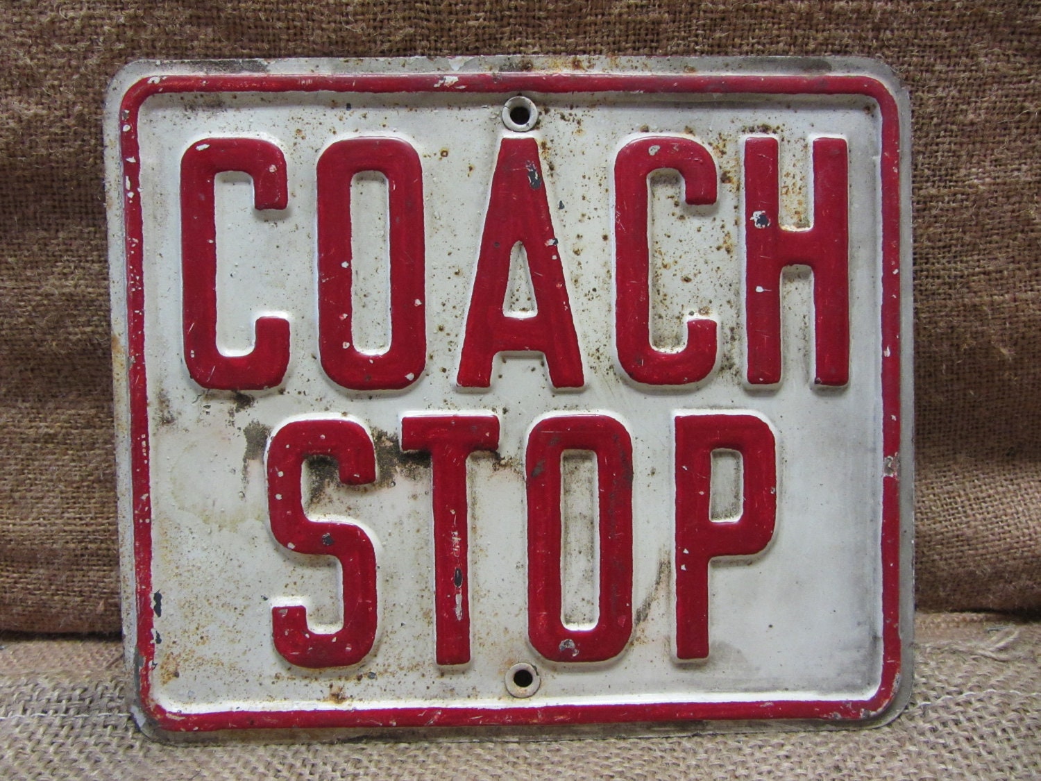 Vintage COACH STOP Sign Embossed Metal Street Antique Old