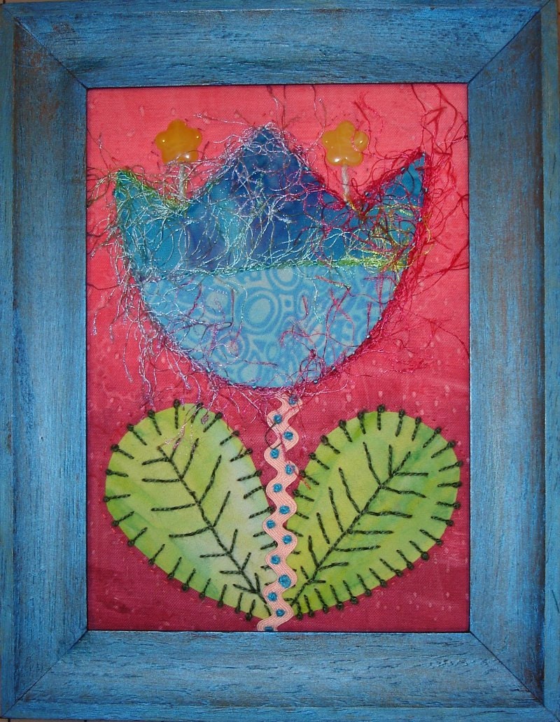 Quilted Framed Fibre Art Tulip Art Quilt Handmade Framed