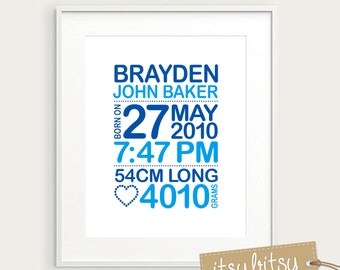 Baby name print, birth print art, birth announcement art, baby birth details, nursery subway art, baby birth stats art, baby boy