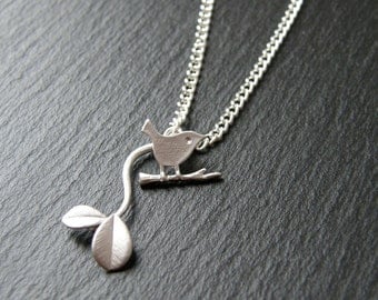 Bird Charm & Branch Necklace, Birthday Gift, Friend Gift, Sparrow, Leaf Necklace, Mother Gift