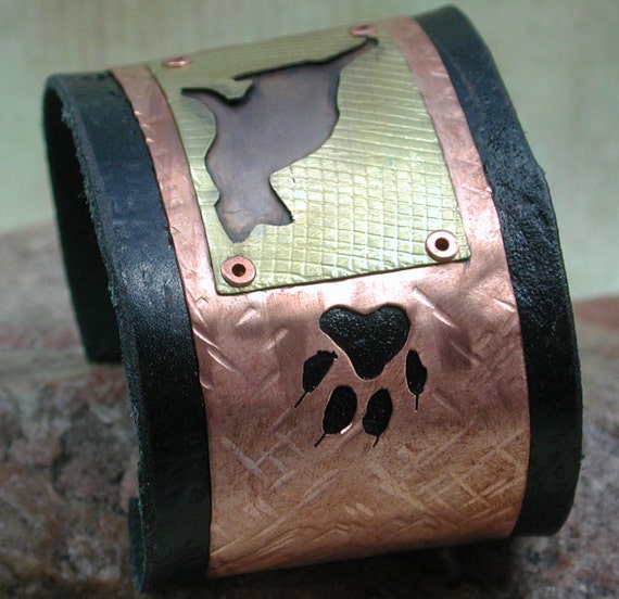 CUFF BRACELET Leather Copper & Brass with CAT