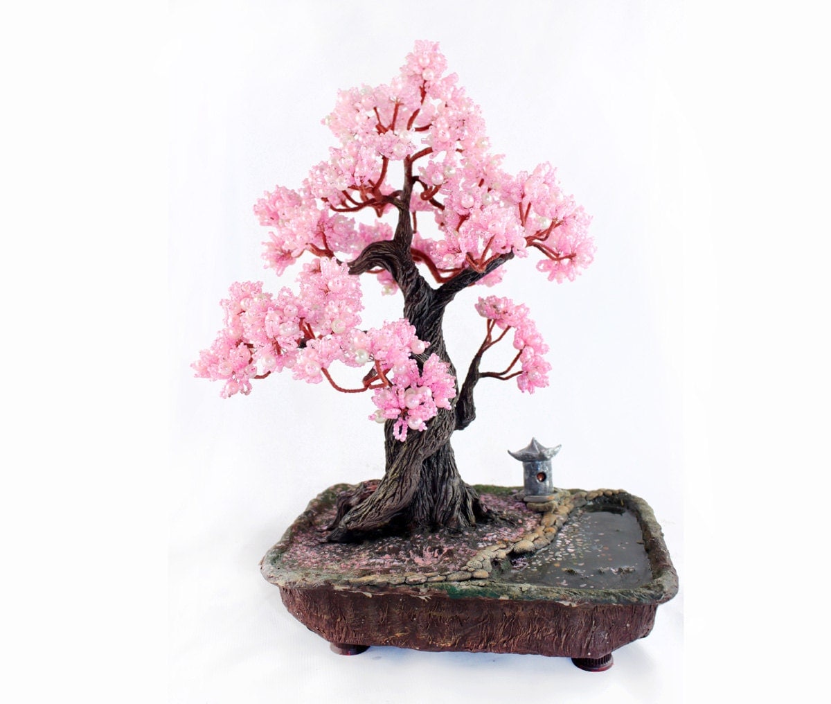 Spring flowering bonsai tree pink beads Japanese style