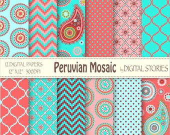 Paisley Digital Paper: "PERUVIAN MOSAIC" Red Turquoise Pink paisley scrapbook paper for invites, cards, background