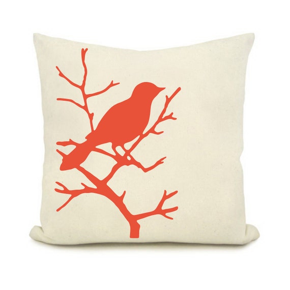 Items similar to Orange bird design print pillow, on a white background Cushion cover 18x18 Home ...