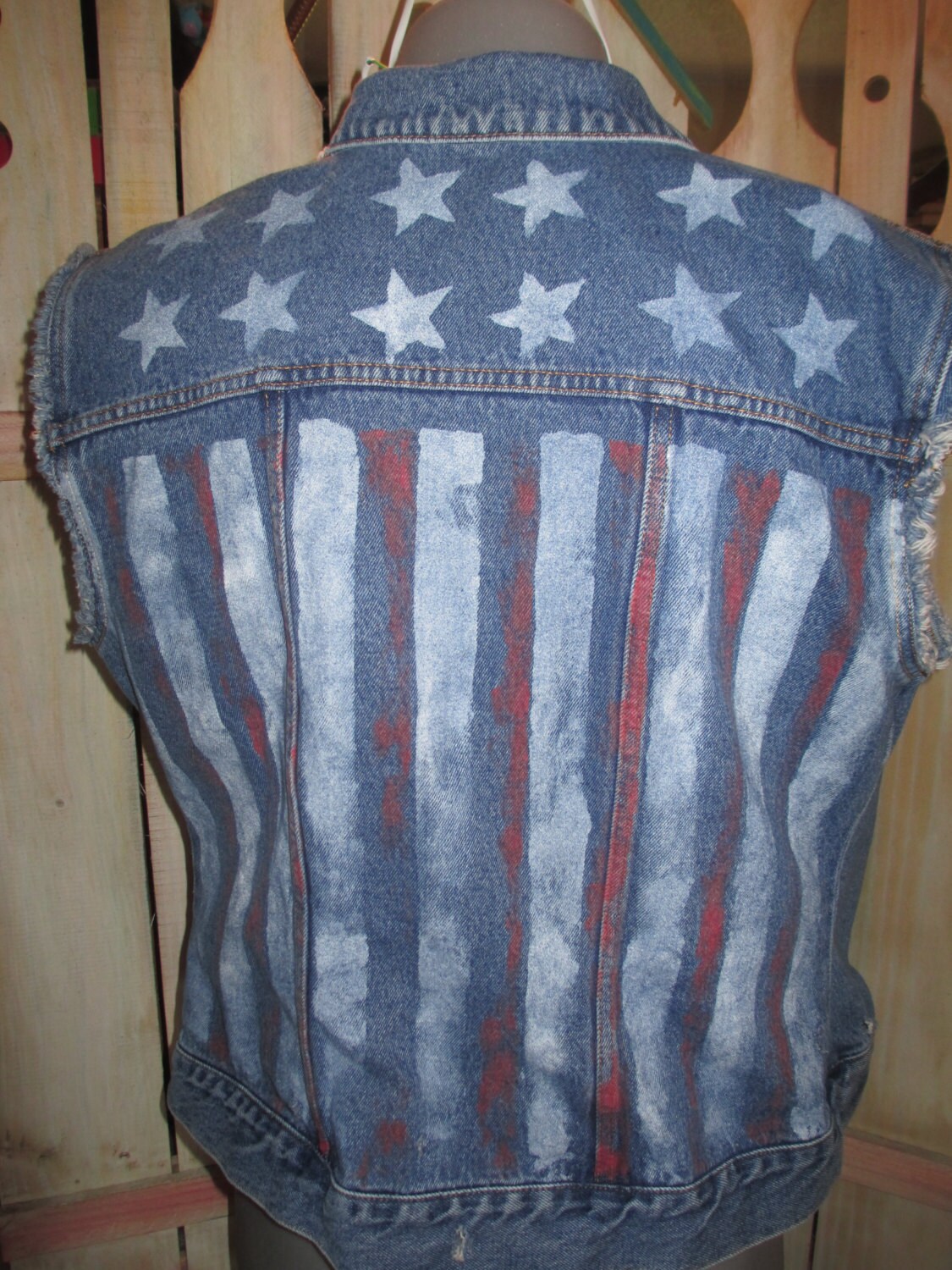 Jean Jacket Vest....Hand painted American flag stars and