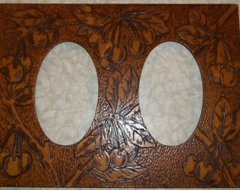 Antique Pyrography Double Photograph Frame with Cherries - Hand Made - 1900's