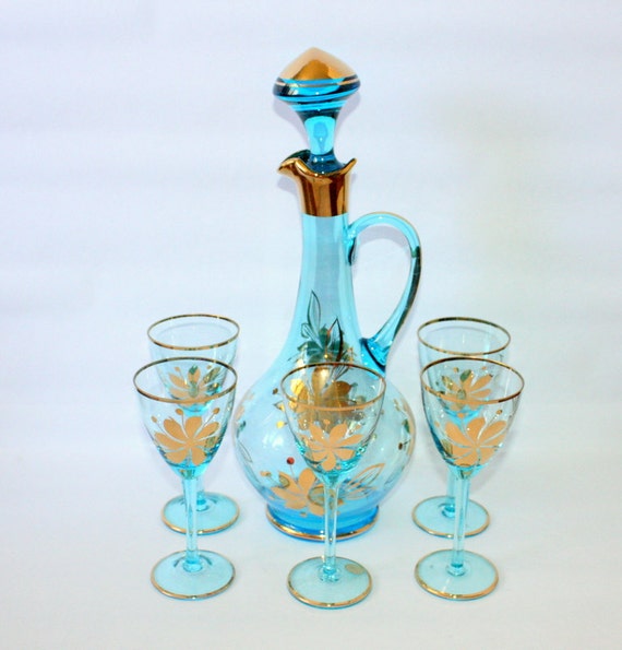Vintage Romanian Blue Glass Decanter Set with Metallic Gold