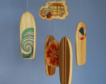Baby Mobile Surfboards - Woody Surf Boards and Car - Surf or Beach Baby Nursery