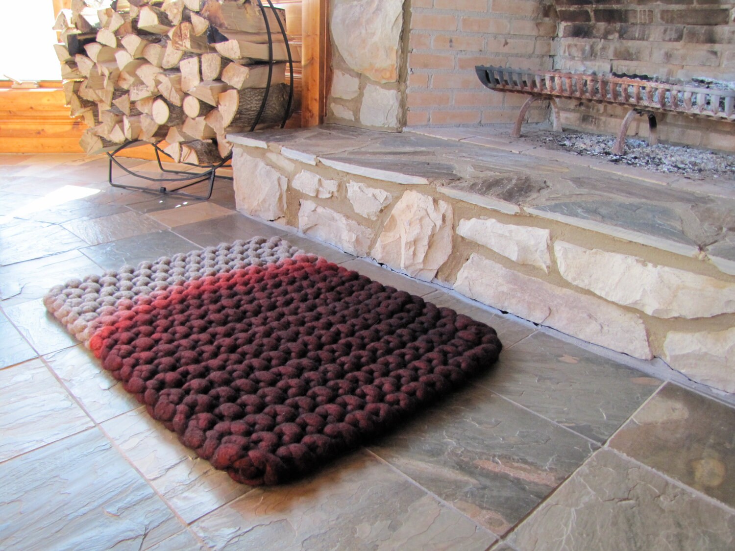 Hand knit extra thick wool felt natural roving dip dyed rug in