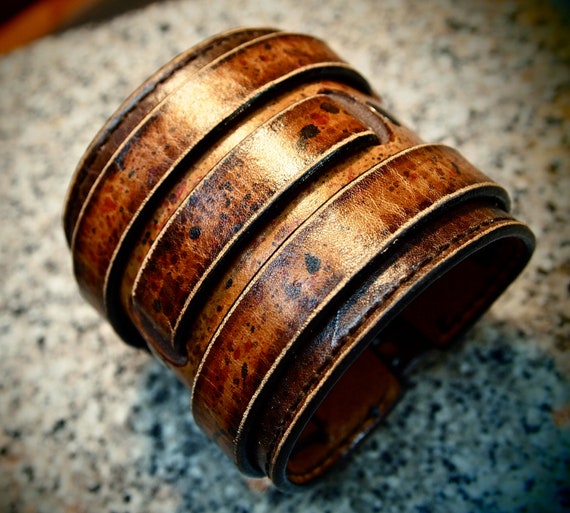 Leather cuff bracelet Destroyed Brown finish burnished and waxed wristband Made for YOU in NYC by Freddie Matara!