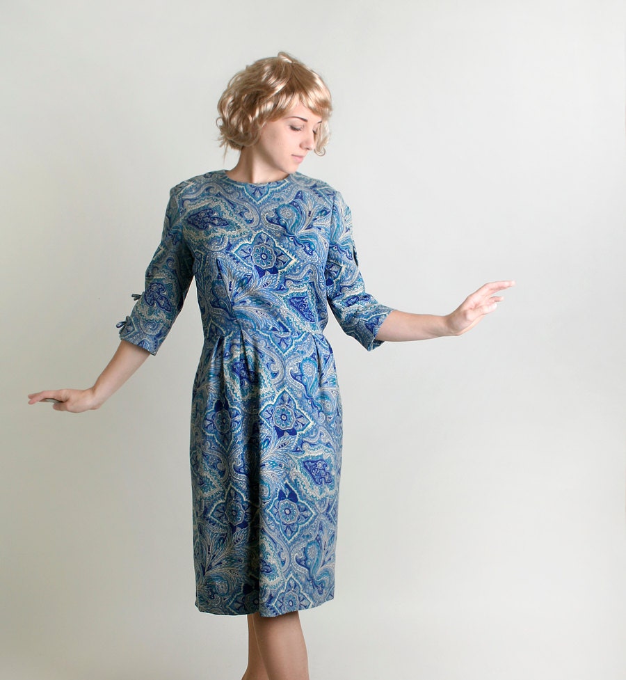 1960s Wool Dress Vintage Paisley Floral Day Dress Medium