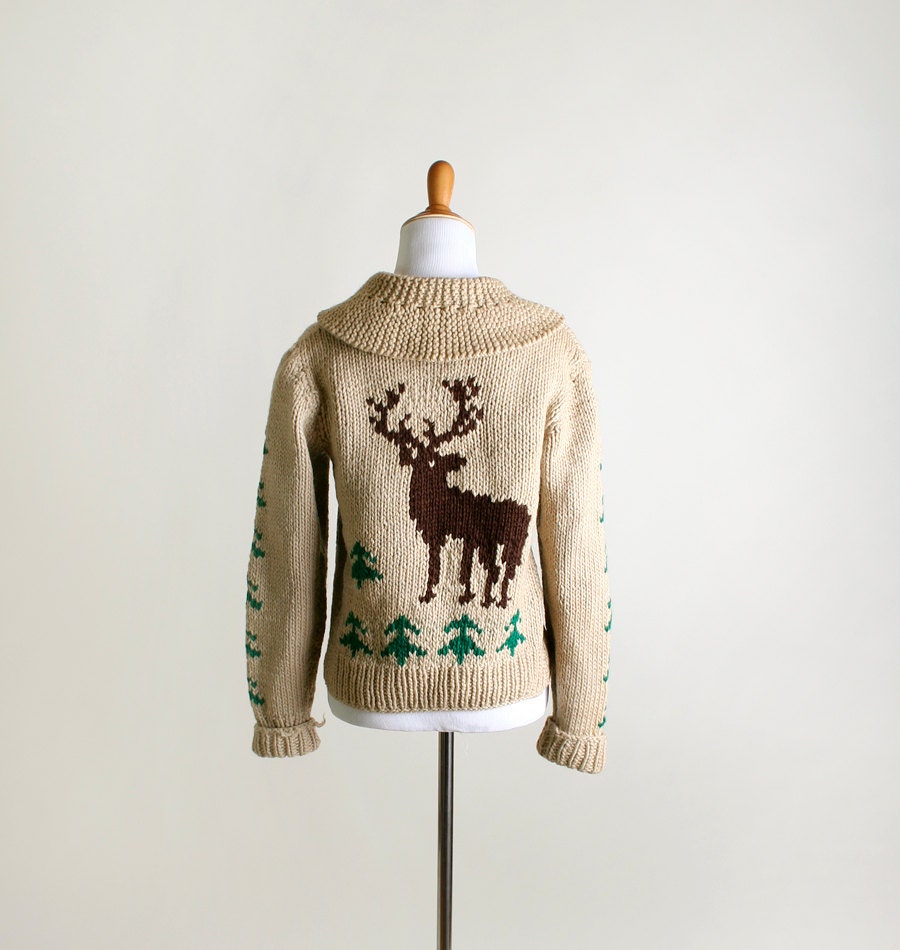 Vintage Deer Sweater 1950s Beige Woodland Tree Zipper