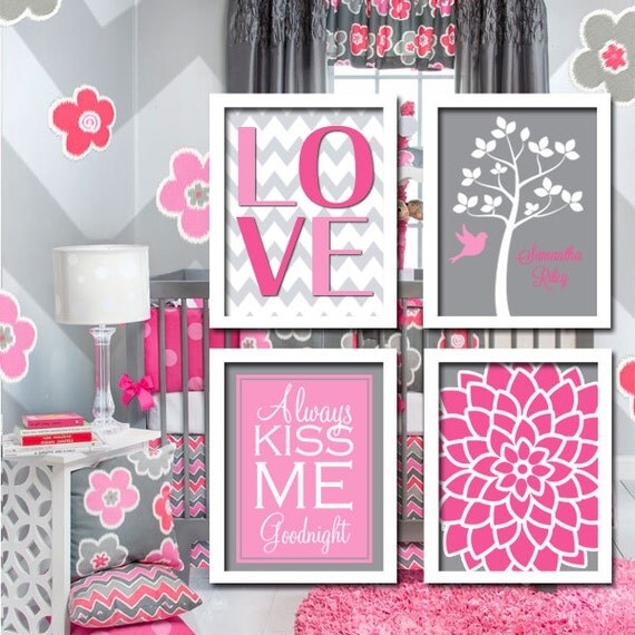 Pink Gray Wall Art CANVAS or Prints Girl Nursery by TRMdesign