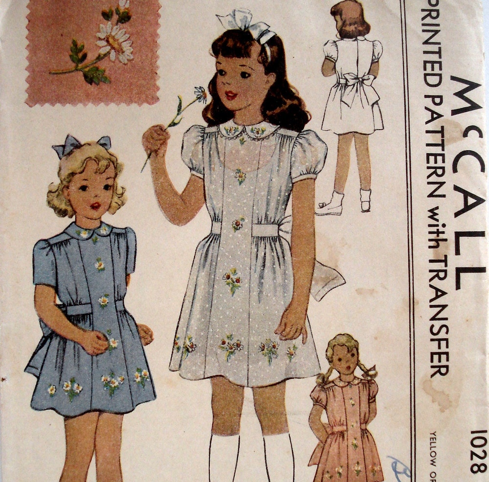 Vintage 1940s Girls Dress Pattern McCall 1028 Size 4 Wartime