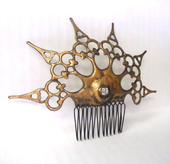 Clock hand Hair Comb steampunk distressed gold by EJPcreations