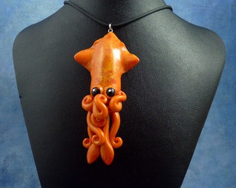 Fire Squid Necklace, Orange Handmade Polymer Clay Jewelry