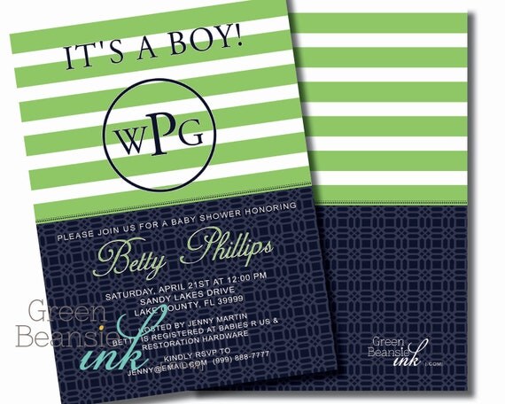 PREPPY MONOGRAM Printable Party Invitation - Navy and Kelly Green Printing Available Il_570xn