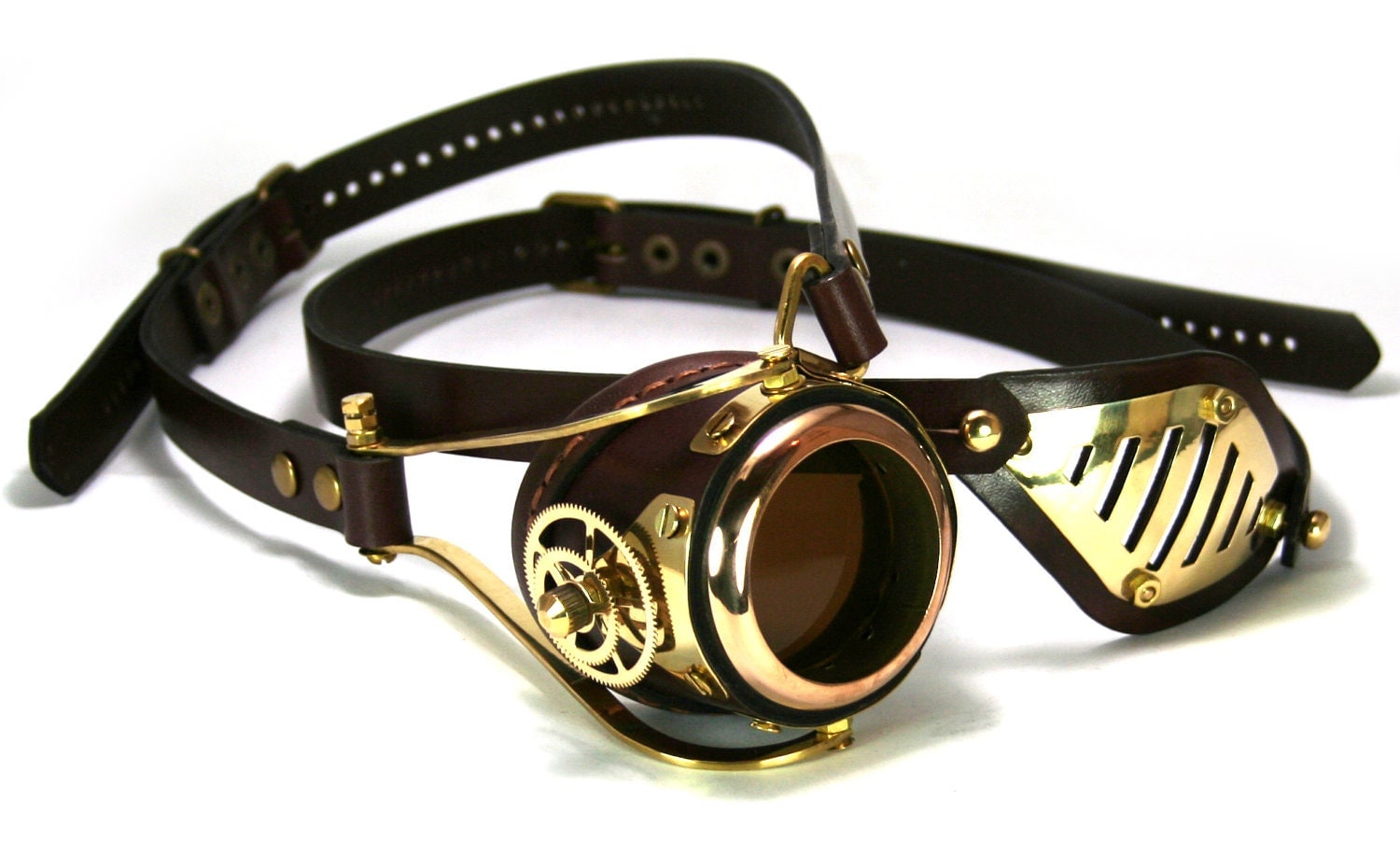 Steampunk Monogoggle And Eyepatch Brown Leather Polished Brass Gears