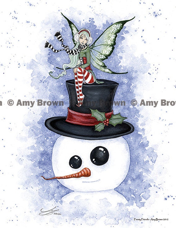 Frosty Friends Holiday Winter Fairy and Snowman by AmyBrownArt