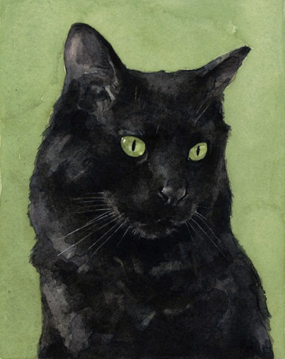 Black Cat  Watercolor  Painting  5x7 Print