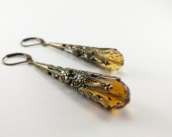 Amber Earrings Brass Filigree Leverback Teardrop Earrings Victorian Jewelry Neutral Earrings