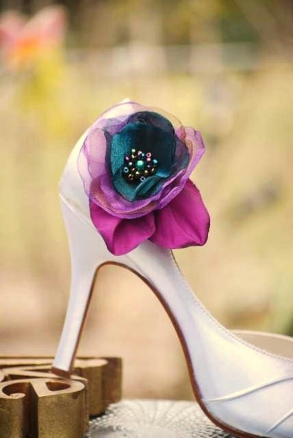 Bridal Shoe Clips Teal Blue Purple Organza Jeweled Flower.
