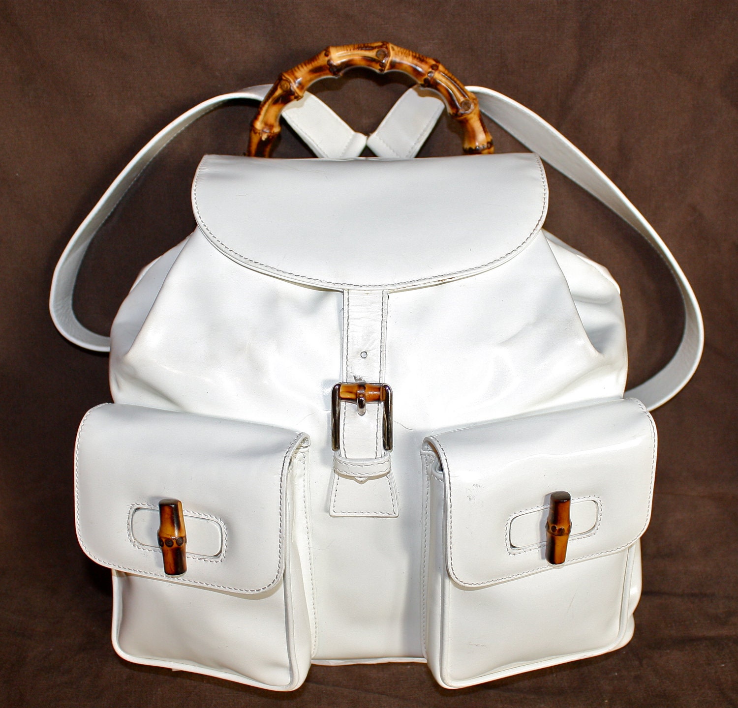 Vintage GUCCI Backpack White Patent Leather Bamboo Large