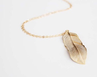 Long Feather Necklace - Gold - Flowing Feather - 30 inch