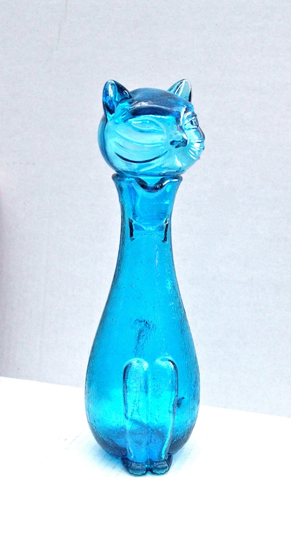 vintage Italian blue glass cat decanter // mid century