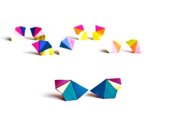 Triangle Post Stud Earrings Geometric Turquoise and Fuchsia Color Block Leather