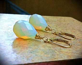 Petite Opaline Moonstone Earrings. Goldfill-Sterling Silver-Rose goldfill-Tarnished Silver