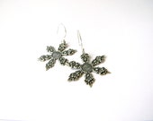 Snowflake silver earrings stamped oxidized aged ornate made in maine silver and black winter holiday gifts. Etruscan. Winter. Maine