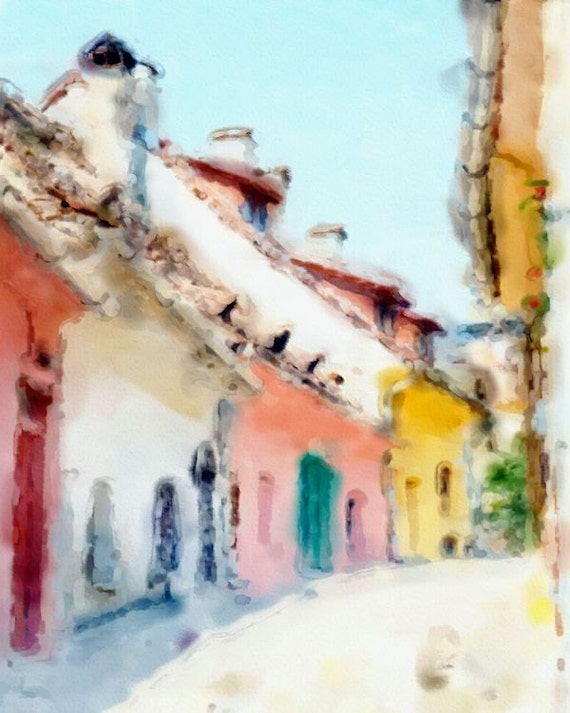 Watercolor Painting Print Old Spanish Town by WaterLilyArtDesigns