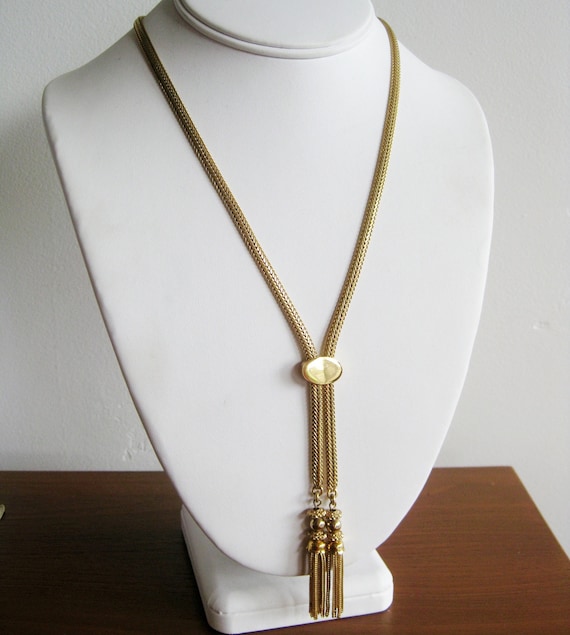 Vintage 70s Gold Necklace Monet Slide Lariat Rope Chain Tassel