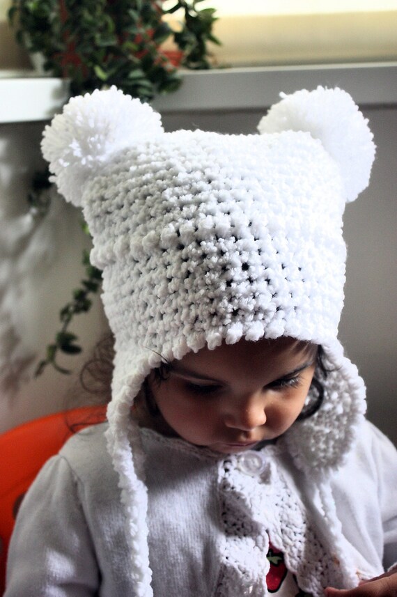 hat baby double pom pom Double Girl Pom Hat Pom Hat Earflap Pom Pom Crochet Hat  White  Hat