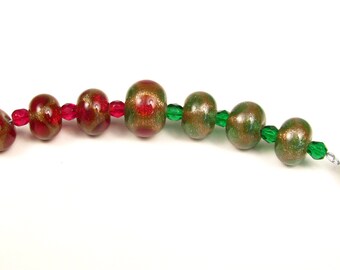 Christmas Lampwork Beads - Red, Green and Gold // Handmade Christmas Lampwork Beads // Red and Gold Lampwork // Green and Gold Lampwork