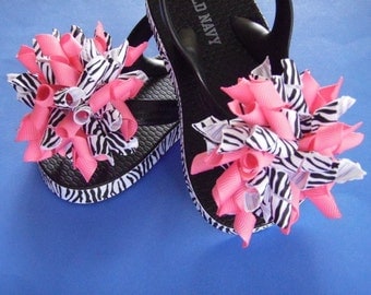 Zebra Print & Hot Pink Flip Flops - Korker Bows...Toddler Sizes...