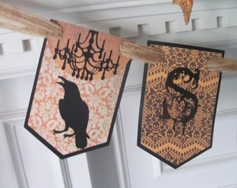 Victorian Inspired "SPOOKY" Halloween Banner featuring Gothic Style Lettering with Ravens & Chandeliers