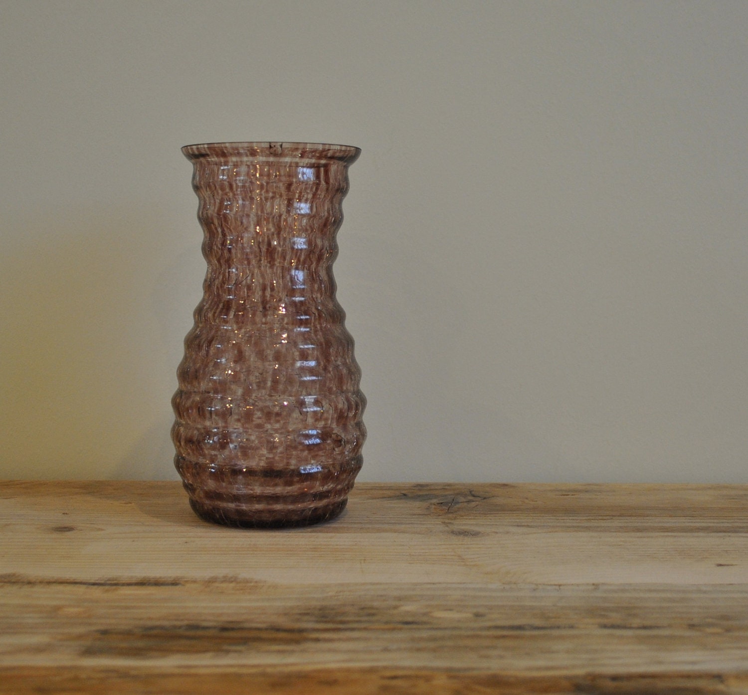 Vintage purple crackle glass vase Ribbed design