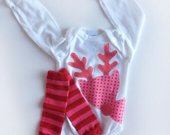 Rudolph Peeking Reindeer Christmas One Piece with Hand Dyed Baby Leg Warmers Girl Pink Red
