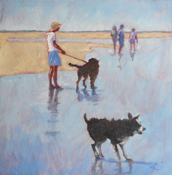 Art Print. Dogs on the Beach Print of an Impressionist Oil