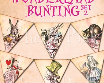 ALICE in WONDERLAND BUNTING set 2 Alice decoration printable bunting download for scrapbooking, party printables and graphic design.