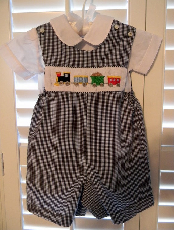 25% OFF Smocked Boy Jon Jon Train Gingham Peter Pan collar | Etsy ...