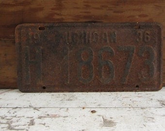 Vintage License Plate Michigan 1936 Rusty Rusted Rust Old Distressed Salvaged Metal Antique License Plate