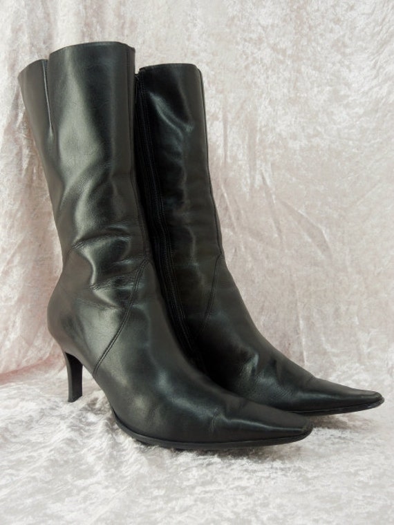 Black Leather Boots Mid Calf Pointy Toe Size 9 1/2 Made in